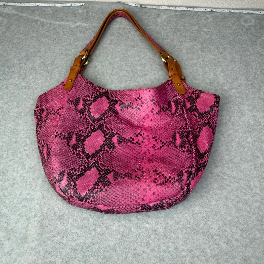 Brahmin Hot Pink Snake Embossed Leather Hobo Bag Y2K Boho Shoulder Purse Large